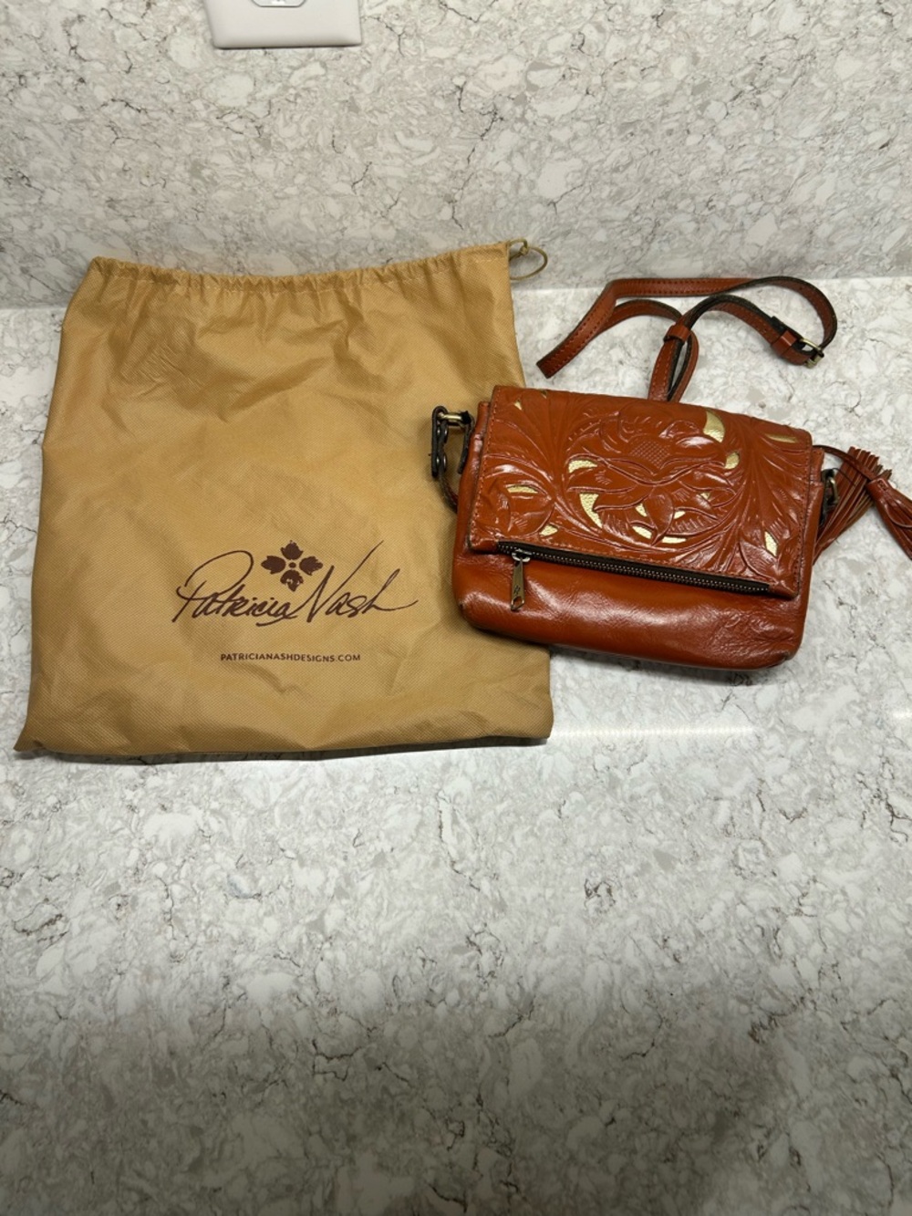Patricia Nash Rustic Cognac Embossed Leather Crossbody